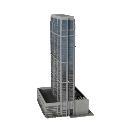 Office Tower Unreal Engine-ready 3D model, Unreal Engine viewport, showing commercial office building materials and architectural detail