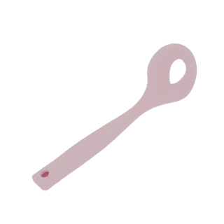 A 3D model of a pink silicone slotted spoon with an oval-shaped hole in the head, shown against a white background.