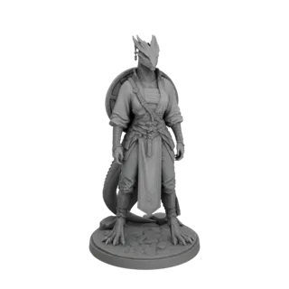 3D model render of a Dragonborn warrior with a reptilian head, wearing armor and carrying a shield, standing on a textured ba