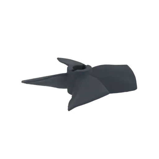 A 3D render of a dark gray, four-bladed propeller with a central hub, shown against a white background.