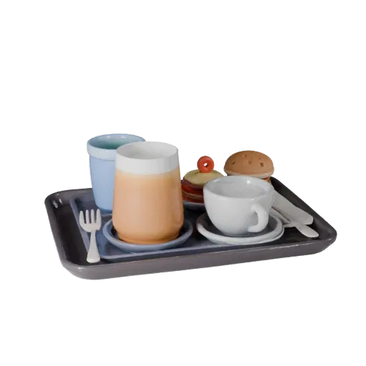 Cafe Breakfast Tray 3D model, three-quarter front view, AR viewer studio render, showing ceramic, form detail.