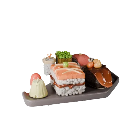 Gourmet Sushi Set High Poly 3D model, close-up studio render, showing sauces, plated composition.