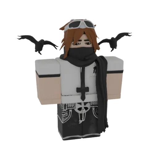 3D model of a gothic anime character with brown hair, goggles, black scarf, bat wings, and skull-patterned shorts.