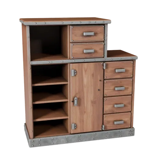 Industrial Cabinet Realistic 3D model, dining room, three-quarter studio render, painted wood detail.