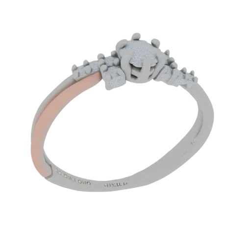 Render 3D de anel de noivado bicolor com banda em ouro rosa e prata, apresentando pequenos detalhes de diamantes.
