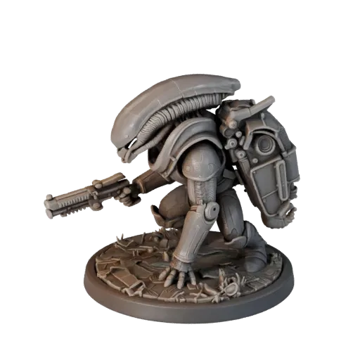 Aperçu du modèle 3D réaliste de Soldat Alien Héroïque montrant la silhouette, la vue de scène en trois quarts, la pose et les