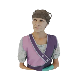 Render do modelo 3D do busto de uma mulher idosa com avental roxo e rosa sobre blusa floral, olhando ligeiramente para o lado