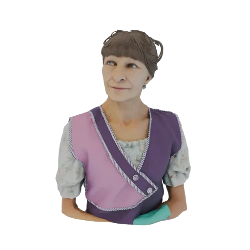 Render do modelo 3D do busto de uma mulher idosa com avental roxo e rosa sobre blusa floral, olhando ligeiramente para o lado