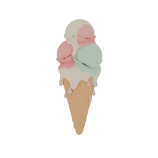 Modello 3D di un cono gelato triplo sciolto con gusti vaniglia, fragola e menta in un cono cialda.