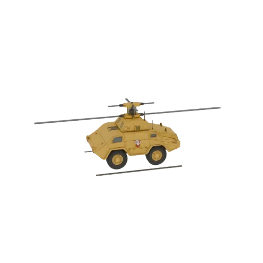 3D model render of a yellow armored helicopter with a rotor on top, featuring a military-style design and a red and white emb