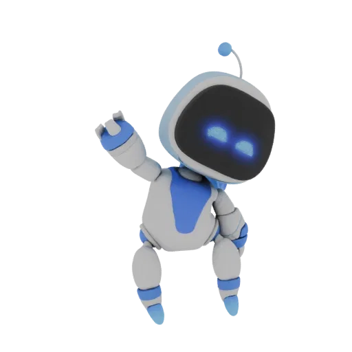 3D model of Astro Bot, a small white and blue robot with glowing blue eyes, waving cheerfully against a white background.