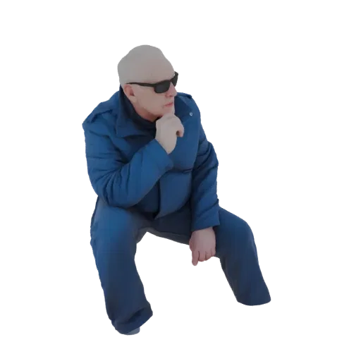 3D model of a bald man wearing a blue jumpsuit and sunglasses, sitting with his hand on his chin, looking to the side.