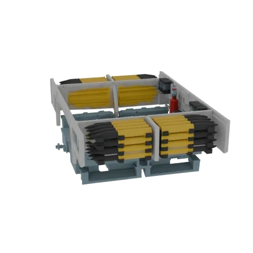 3D model of a modular missile launcher system with multiple racks of yellow-tipped missiles against a black background.