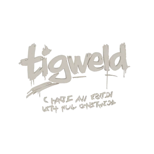 3D model of the Tigweld logo, featuring stylized text and a tagline with a metallic finish.