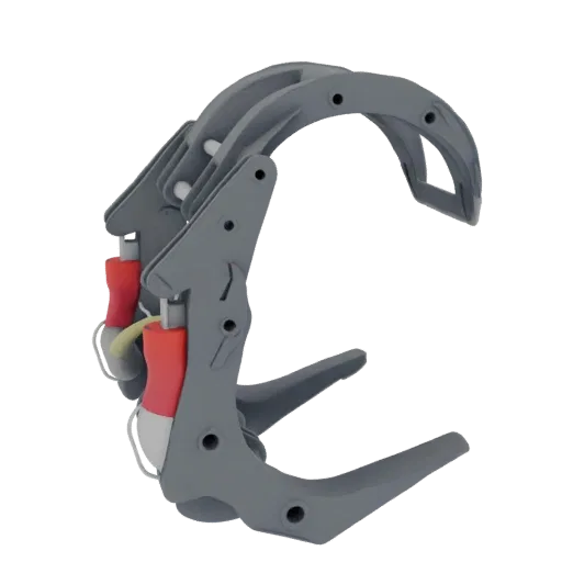 Modelo 3D de uma garra robótica industrial cinza com atuadores hidráulicos vermelhos, mostrando garras articuladas e juntas m