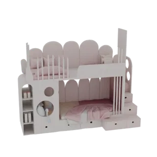 A 3D model of a pink bunk bed with white railings, stairs with drawers, and scalloped headboards, set against a black backgro