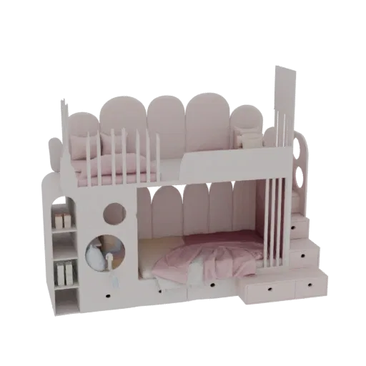 A 3D model of a pink bunk bed with white railings, stairs with drawers, and scalloped headboards, set against a black backgro