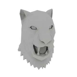 Ein Low-Poly 3D-Modell eines Tigerkopfes mit geöffnetem Maul, das scharfe geometrische Facetten und einen aggressiven Ausdruc