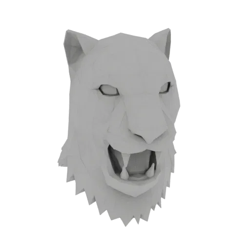 Modello 3D low-poly di testa di tigre con bocca aperta, che mostra sfaccettature geometriche nette ed espressione aggressiva.