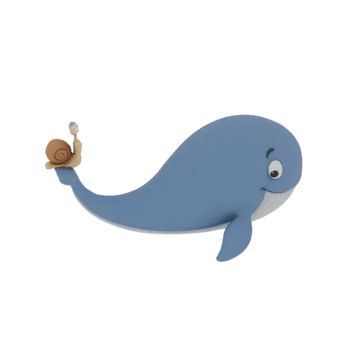 A 3D render of a friendly blue whale with a small snail on its tail, set against a white background.