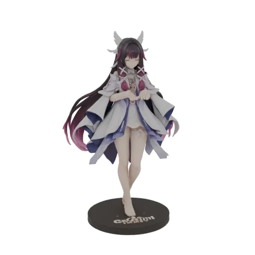 Modelo 3D de una elegante figura de anime con túnicas blancas y azules fluidas, ojos cerrados y adornos alados en el cabello,