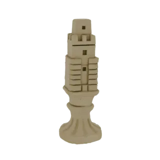 3D model of an ancient castle tower chess piece with battlements and a flared base, rendered in a light stone color.