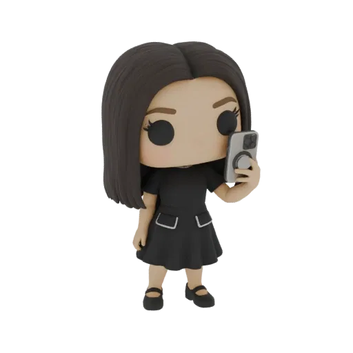 3D model of a stylized woman in a black dress holding a smartphone, in the style of a Funko Pop collectible.