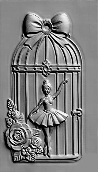 3D model of a ballerina in a cage with roses bas-relief, featuring a bow on top and roses at the base.