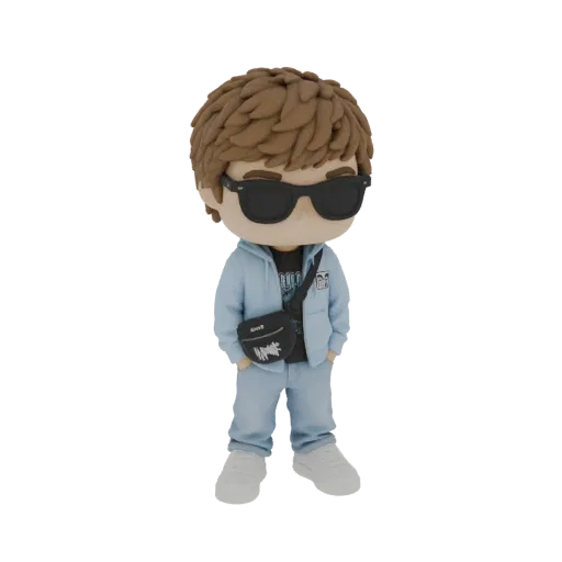 Modelo 3D de un joven estilizado con chándal azul claro, gafas de sol negras y bolso cruzado, con pelo castaño texturizado.
