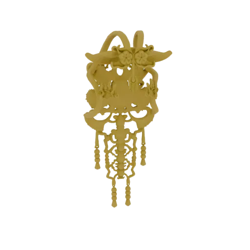 3D model of an ornate, golden Chinese hairpin pendant with intricate carvings and dangling decorative elements.