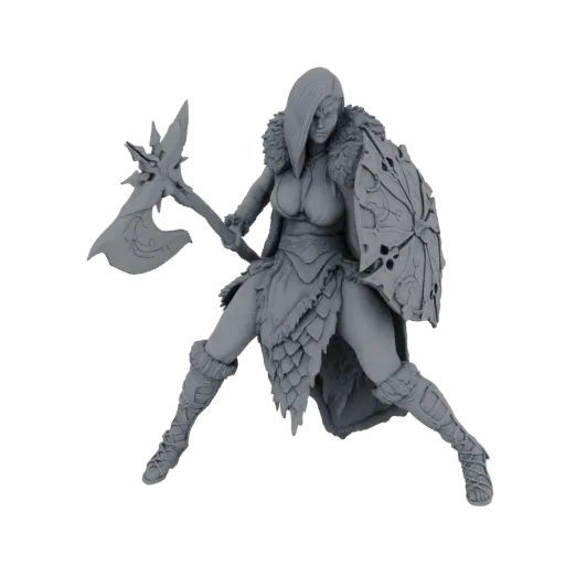 3D model of a fierce Viking warrior woman holding an axe and shield, in a dynamic combat stance.
