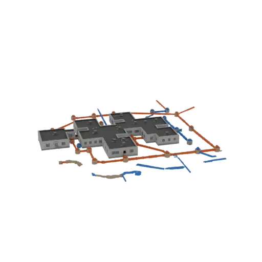 3D model of a modern, cross-shaped building complex with an intricate network of orange and blue pipes visible around and ben