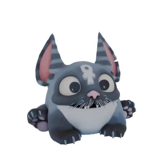 A 3D render of a stylized cartoon cat with large eyes, striped ears, and an ankh symbol on its forehead, presented against a