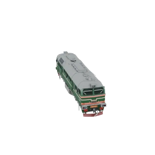 3D model of a green M62 diesel locomotive with red and white stripes, viewed from a slightly elevated rear angle.