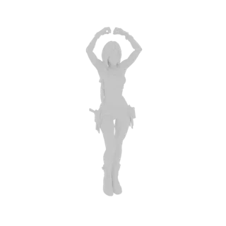 Modello 3D di personaggio femminile in posa d'azione con braccia alzate, indossa equipaggiamento tattico e stivali.