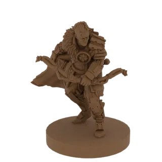 3D-Modell-Rendering eines Fantasy-Bogenschützen mit einem Bogen, der eine pelzbesetzte Rüstung und einen Umhang trägt und auf