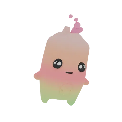 A 3D render of a cute, amorphous blob monster with a pink-to-green gradient, large eyes, and a small smile, set against a black background.
