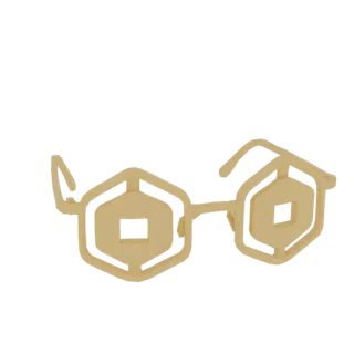 Modèle 3D de lunettes hexagonales de couleur dorée avec des verres carrés, présenté sur un fond blanc.