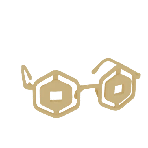 Modelo 3D de gafas hexagonales doradas con lentes cuadradas, presentado sobre un fondo blanco.