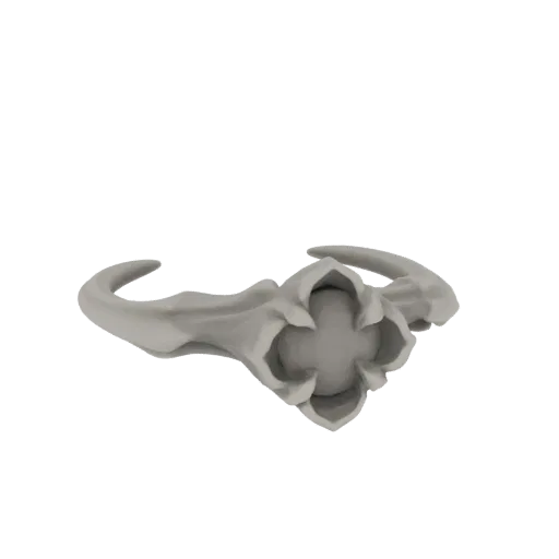 A 3D render of a silver-colored Gothic-inspired ring with intricate floral carvings around a central, unadorned stone setting