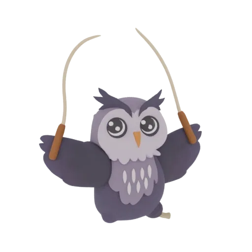 A 3D render of a claymation-style owl with large eyes, jumping rope with its wings outstretched.