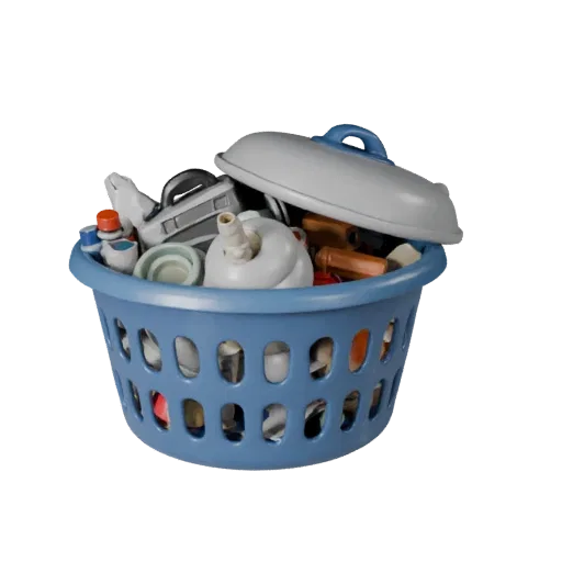Cluttered Laundry Basket Realistic 3D model, three-quarter studio render, showing ceramic, recognizable everyday shapes.