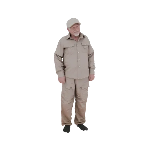 3D model of an elderly man wearing a khaki work shirt, cargo pants, and a baseball cap, standing and looking to the side.