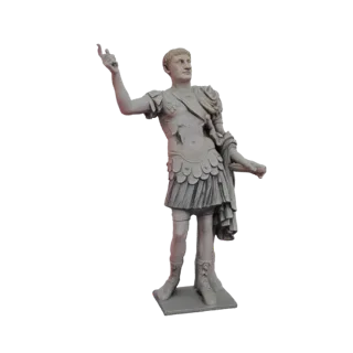 Render de modelo 3D de la estatua del Emperador Romano Augusto César, de pie en pose imponente con un brazo levantado.