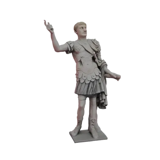 Rendering del modello 3D della statua dell'Imperatore Romano Augusto Cesare, in piedi in posa imponente con un braccio alzato