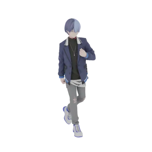 3D model of an anime boy with blue and light blue hair, wearing a blue jacket, gray ripped jeans, and white and blue sneakers