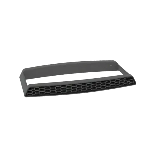 3D model of a dark gray hexagonal grille vent with an angular frame, isolated on a white background.