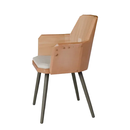 Modern Dining Chair Low Poly 3D model, dining room, game viewport three-quarter view, wood detail.