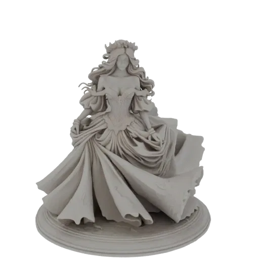 3D model of an elegant ballerina in a flowing, detailed gown, captured in a graceful pose on a circular base.