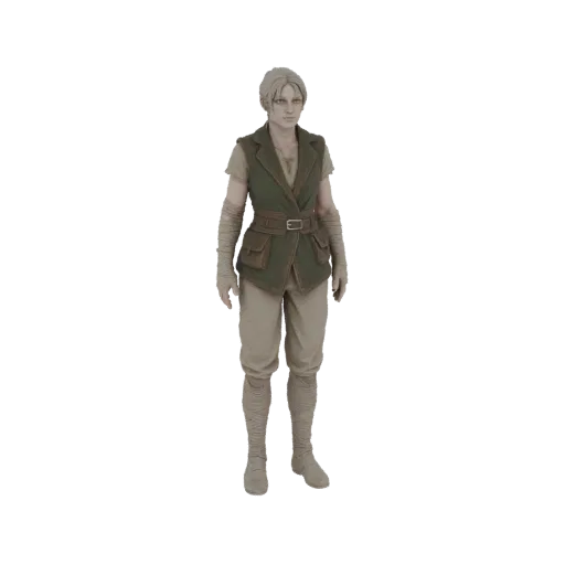 3D model of a character wearing an adventurer's green vest and tan trousers, with wraps on arms and legs.